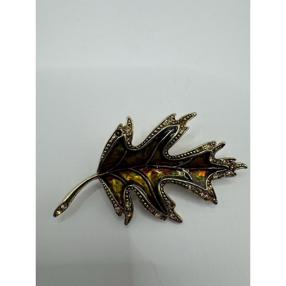Vintage LC Leaf Brooch Gold Tone Enamel Rhinestone Fall Pin